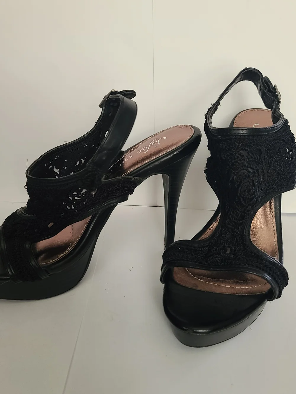 Black Crochet Platform High Heels with Ankle Strap